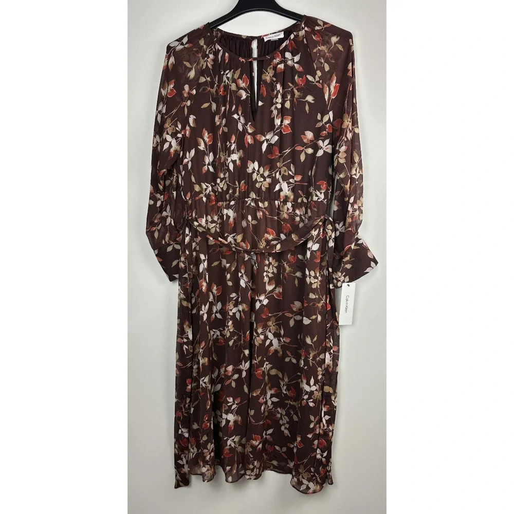 NWT Calvin Klein Floral Keyhole Maxi Dress Size 14 Burgundy Boho Peasant Folk - Picture 3 of 12